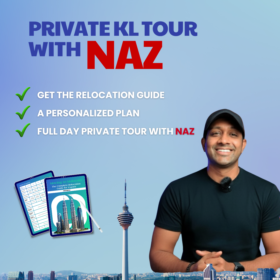 Promotional graphic for a private KL tour with Naz, featuring a person and the Kuala Lumpur Tower.